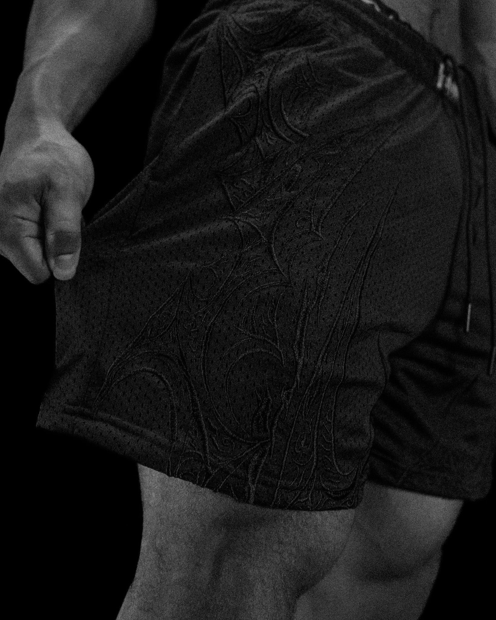 Skeletal Embroidered Bodybuilding mesh shorts [DARKNESS]