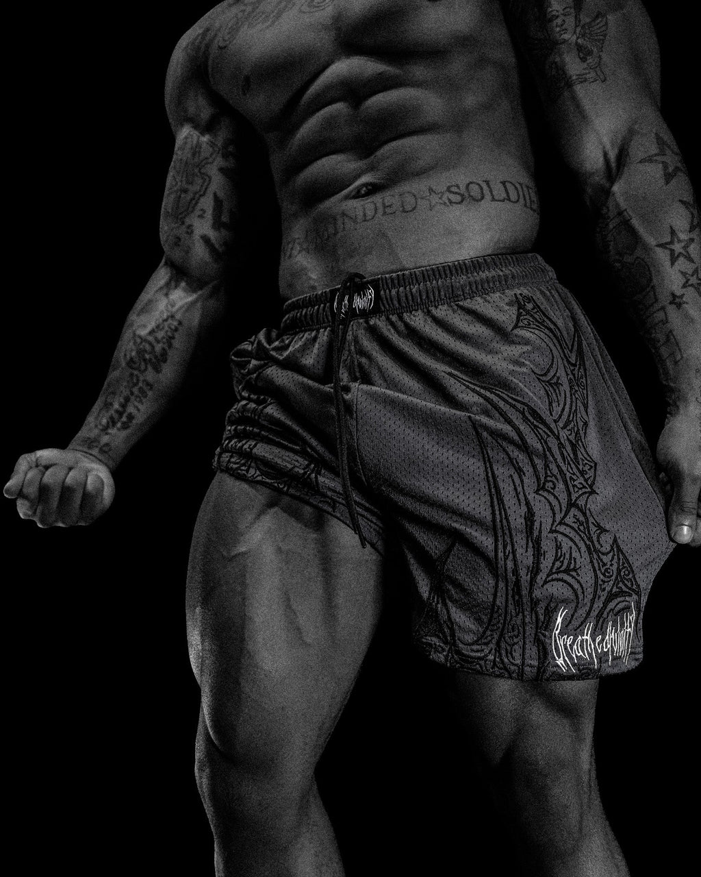 Skeletal Embroidered Bodybuilding mesh shorts [PURGATORY GREY]
